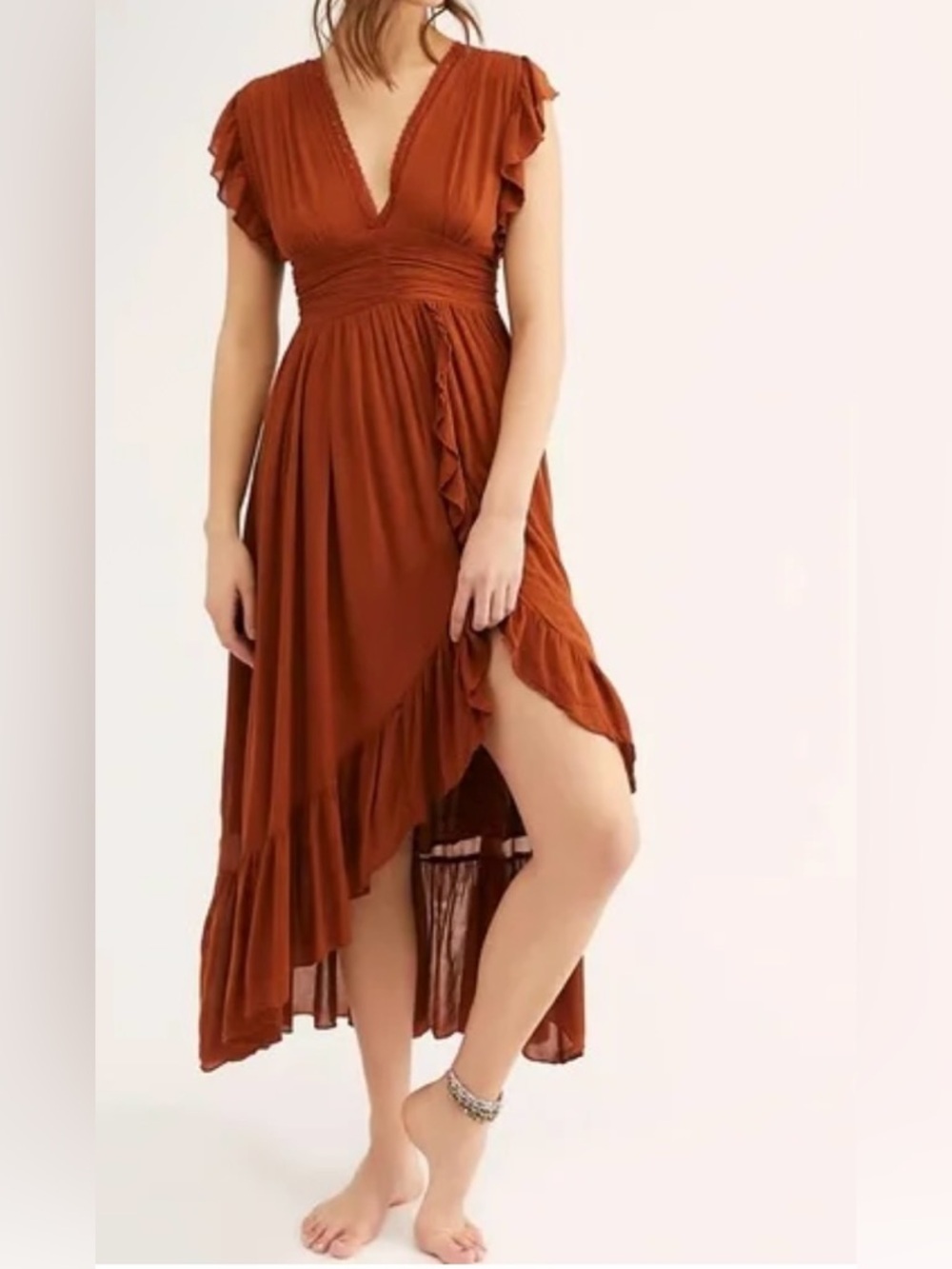 Free People Rust Ruffle High-Low Open Back Dress - Size S - Picture 1 of 7